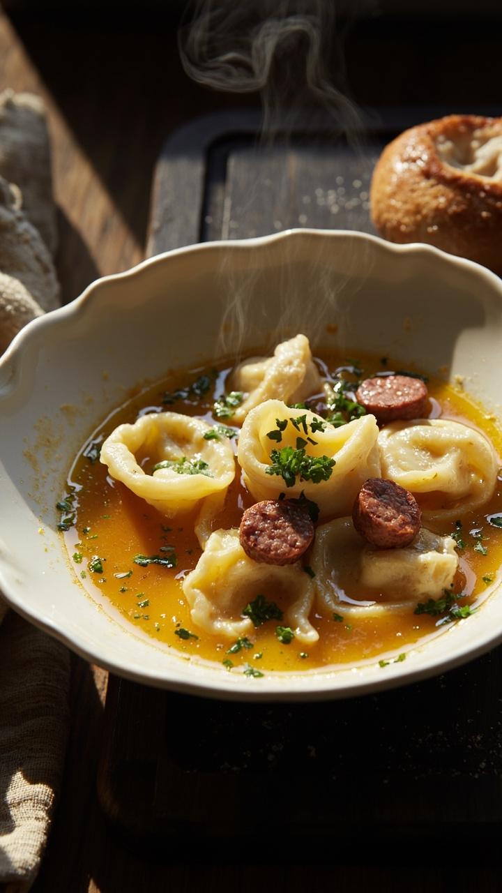 A shallow white bowl of golden broth filled with pillowy cheese tortellini and browned sausage slices, topped with a sprinkle of chopped parsley and grated Parmesan, a rustic linen napkin and a small crusty roll on a wooden board