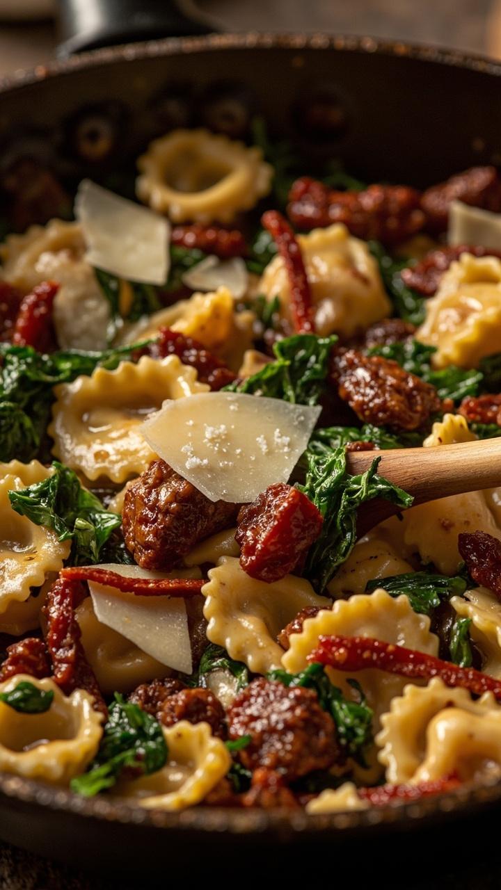 A shallow cast iron skillet of glossy tortellini tossed with browned sausage crumbles and julienned sun dried tomatoes, scattered baby spinach leaves, finished with shaved Parmesan and a wooden spoon resting in the pan
