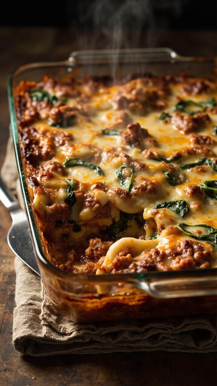 A shallow glass baking dish pulled from the oven with bubbling golden cheese on top, pockets of tortellini peeking through, visible crumbles of browned sausage, fresh spinach leaves tucked in, a serving spatula at the corner and a linen trivet underneath