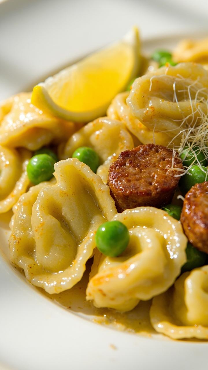 A shallow white pasta plate of glossy tortellini tossed in pale yellow garlic butter, dotted with green peas and golden slices of sausage, a wedge of lemon on the rim and finely grated lemon zest scattered on top