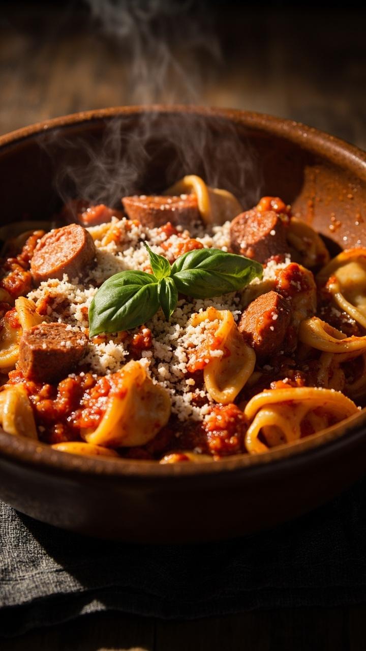 A deep bowl of red arrabbiata sauce coating tortellini, scattered slices of browned sausage, a few red pepper flakes visible, a basil leaf and a dusting of grated Pecorino Romano, a dark napkin under the bowl