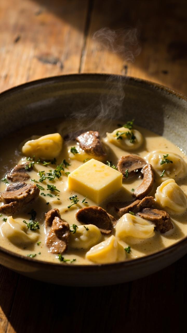 A shallow bowl of creamy sauce dotted with sliced brown mushrooms and tortellini, visible sausage crumbles, a sprinkle of thyme leaves and a small pat of melting butter on top, wooden table surface