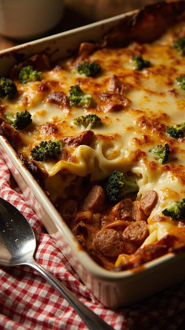 A square baking dish with a browned cheesy top, green broccoli florets peeking through, tortellini and sausage visible near the edges, a metal serving spoon and a checked cloth nearby