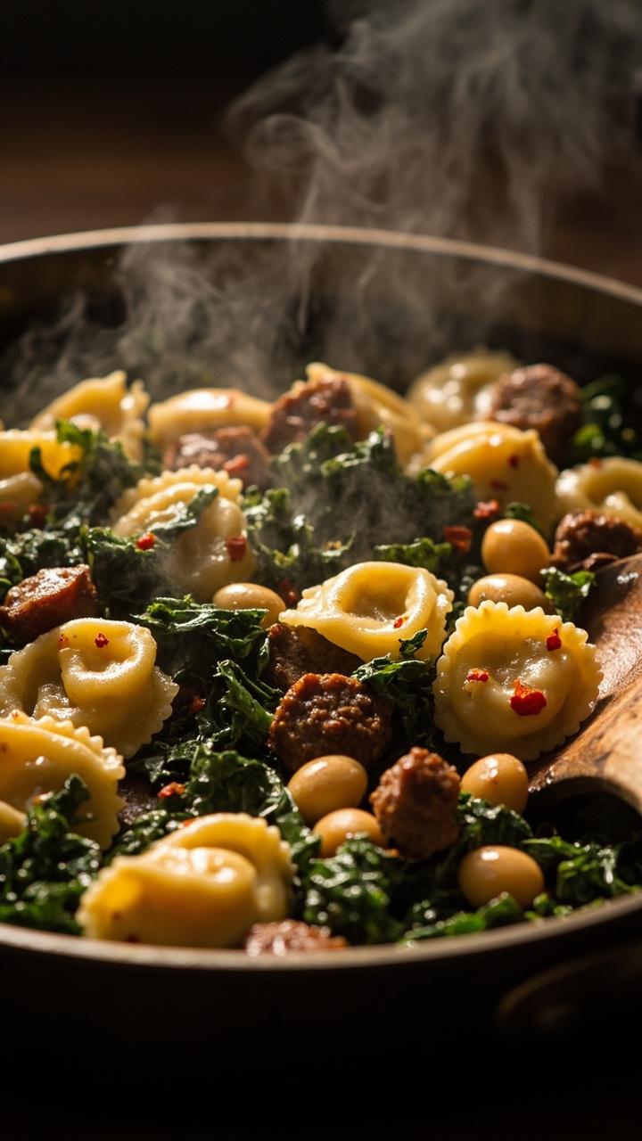 A wide shallow skillet of glossy tortellini, visible white beans, wilted deep green kale, brown sausage pieces, a sprinkle of red pepper flakes and a wooden spoon resting on the rim