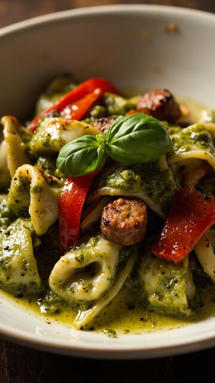 A white shallow bowl with green pesto-coated tortellini, strips of roasted red pepper, small rounds of browned sausage, a basil leaf garnish and a drizzle of olive oil glinting on the surface