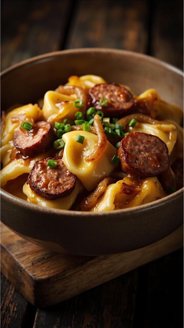 A shallow bowl with golden caramelized onions draped over tortellini, sliced browned sausage, a glossy mustard glaze, and a sprinkle of chopped chives, dark wooden surface beneath