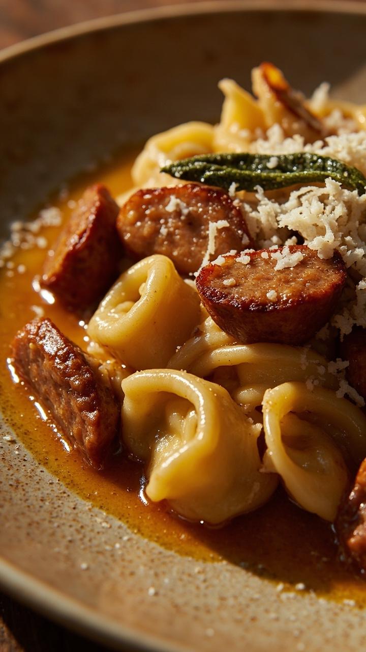 A shallow plate of tortellini glistening in brown butter, browned sausage pieces, crisp fried sage leaves scattered on top, a light dusting of grated Parmesan and a small pat of butter melting on the edge