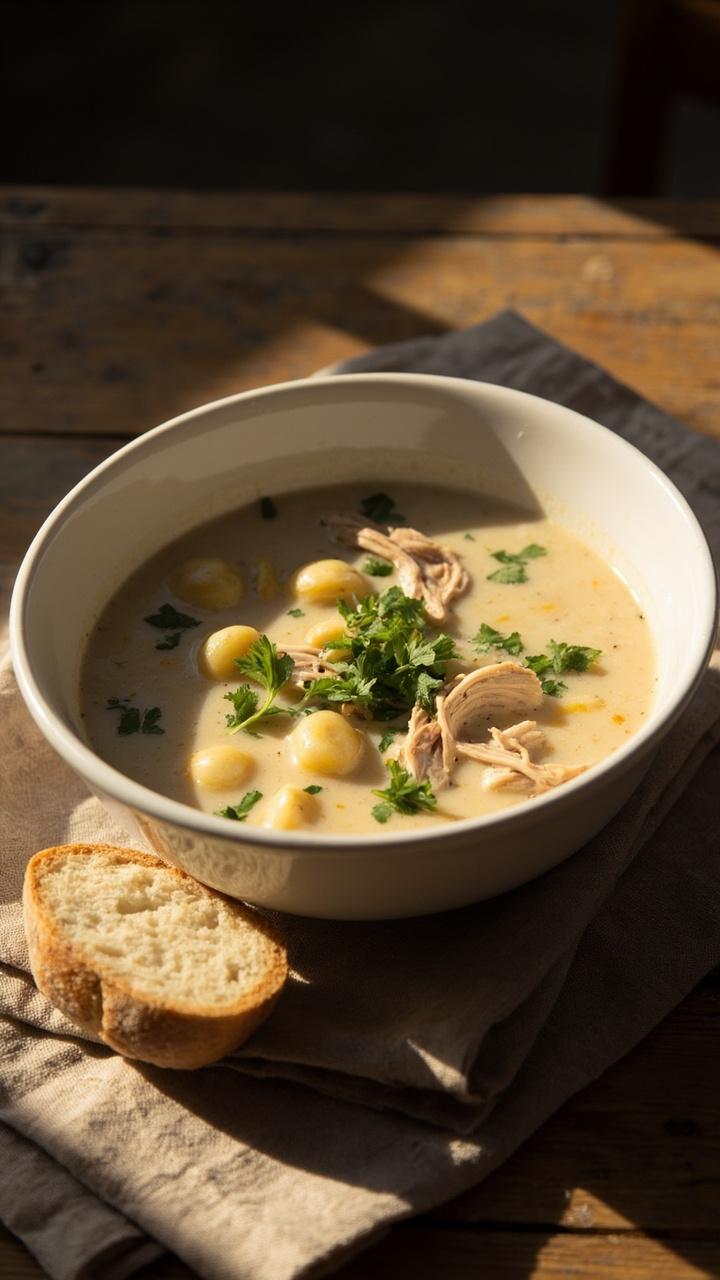Shallow white bowl of pale creamy soup dotted with tender gnocchi and shredded chicken sprigs of bright green parsley on top rustic wooden table crusty bread slice on the side linen napkin under the bowl