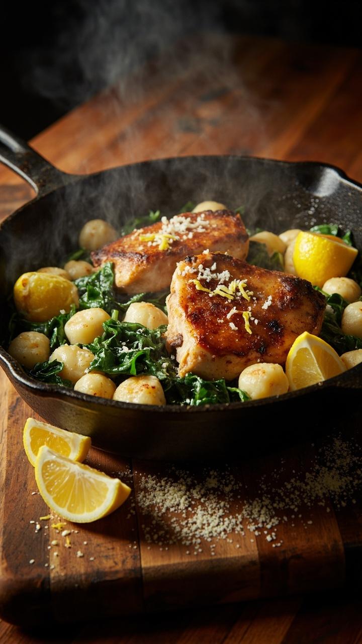 Cast iron skillet with golden seared chicken thighs pillowy gnocchi wilted spinach lemon wedges on the side sprinkle of grated Parmesan and lemon zest wooden serving board underneath