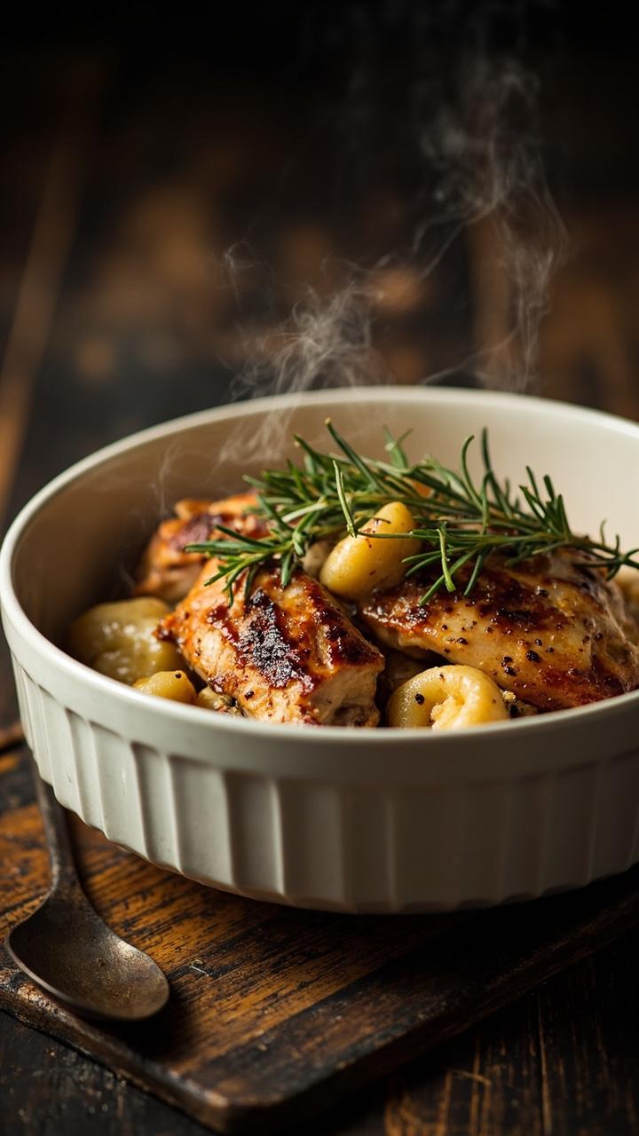 Deep white serving bowl filled with golden garlic speckled chicken pieces tender gnocchi and fresh herbs sprigs of rosemary and thyme on top rustic spoon beside the bowl dark wood table