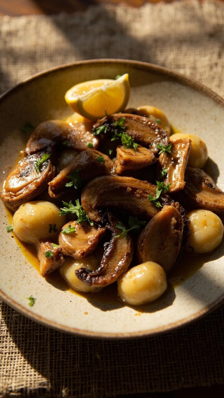 Shallow ceramic plate with caramelized mushroom slices browned chicken pieces and pillowy gnocchi light glossy sauce parsley flakes and a small wedge of lemon on the rim linen placemat beneath