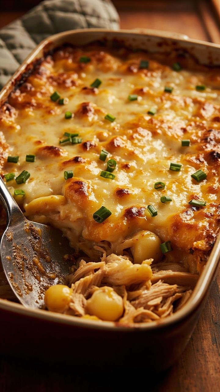Rectangular baking dish filled with bubbly golden cheese top visible gnocchi and shredded chicken edges browned sprinkle of chopped chives on top serving spatula resting in the dish oven mitt beside