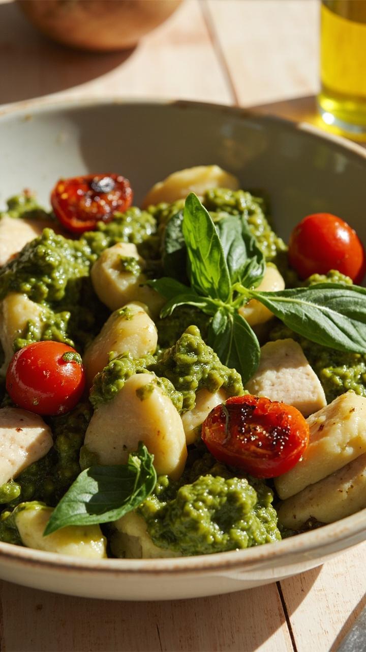 Shallow bowl with glossy green pesto coated gnocchi tender chicken slices halved roasted cherry tomatoes and a few basil leaves drizzle of olive oil on top light colored wood table