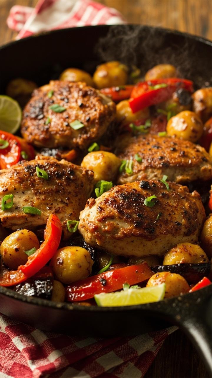 Black skillet of reddish seasoned chicken and gnocchi with charred bell pepper strips dusting of chopped green onions lime wedge on the side checkered napkin beneath the skillet