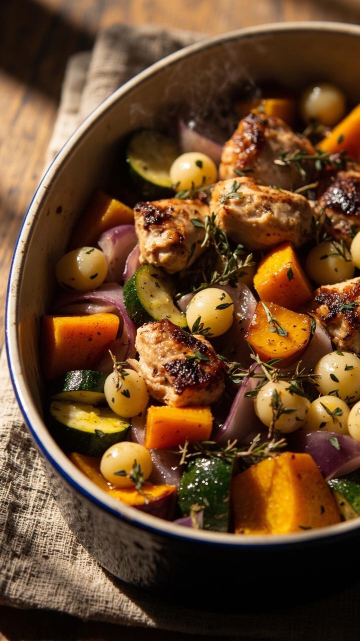 Shallow baking dish with roasted squash zucchini and red onion mixed with gnocchi and chicken golden brown edges thyme sprigs on top rustic kitchen towel underneath dish