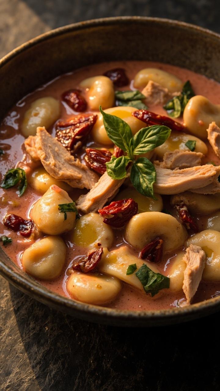 Wide shallow bowl of creamy rosy colored sauce gnocchi and sliced chicken scattered sun dried tomato pieces basil leaves and a light drizzle of olive oil on top dark slate placemat below
