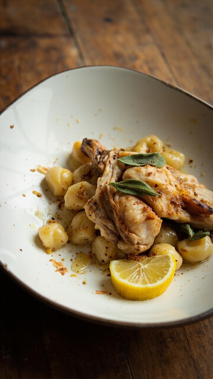 Shallow white plate with browned gnocchi and seared chicken thin crispy sage leaves scattered golden flecks of brown butter small wedge of lemon on the side wooden table surface