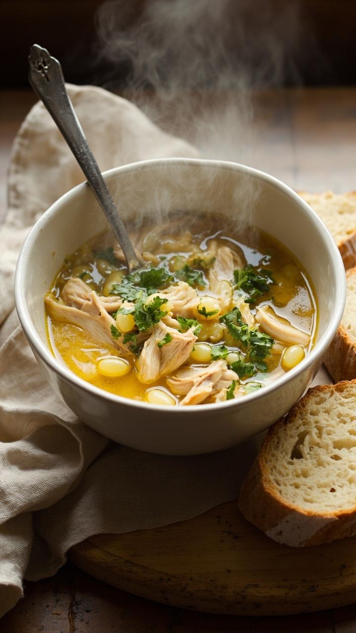 A warm white ceramic bowl filled with clear golden broth studded with plump orzo pieces and shredded chicken topped with bright green chopped parsley A spoon resting in the bowl A thick slice of crusty bread on a wooden board A folded linen napkin beside the board
