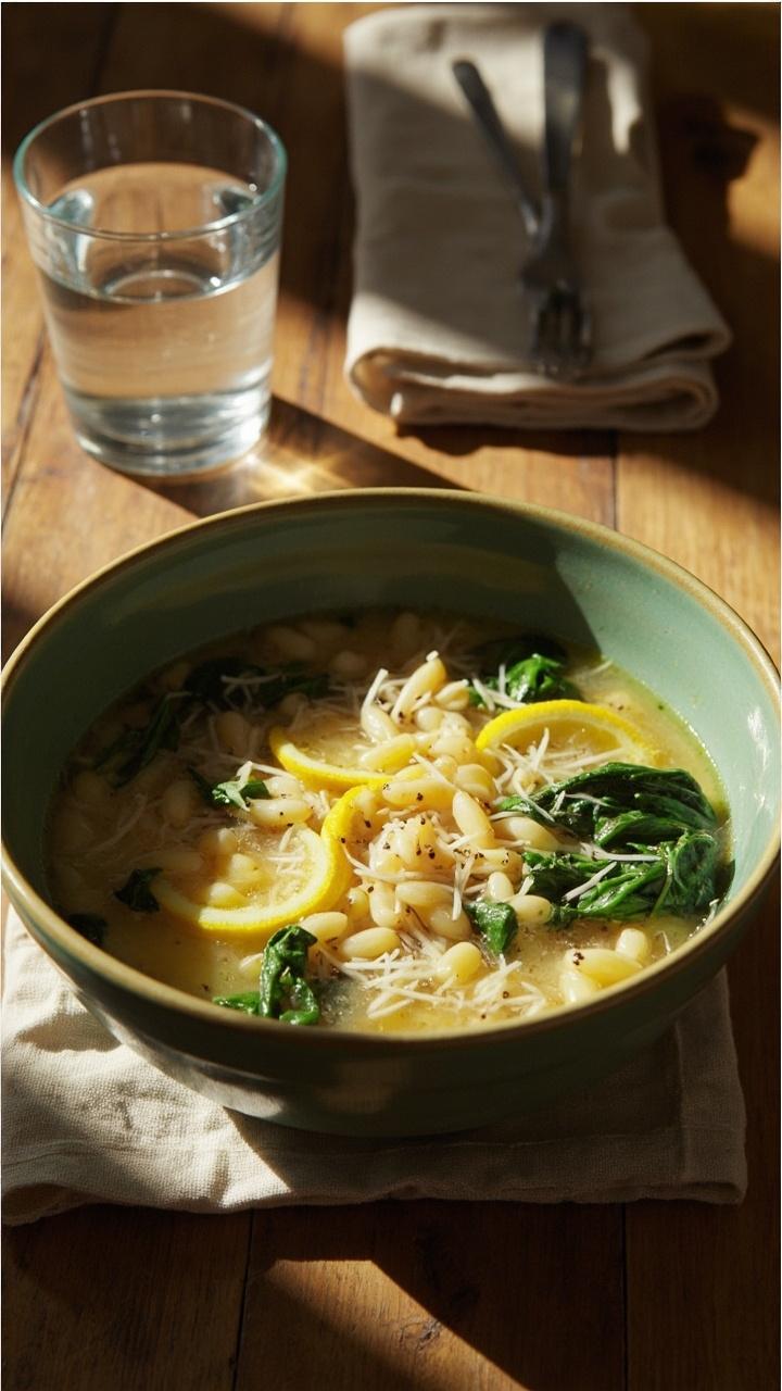 A shallow green bowl holding pale yellow broth with orzo and wilted spinach leaves Thin lemon slices floating on top A sprinkle of grated parmesan and cracked black pepper A small glass of water and a cloth napkin on a sunlit table