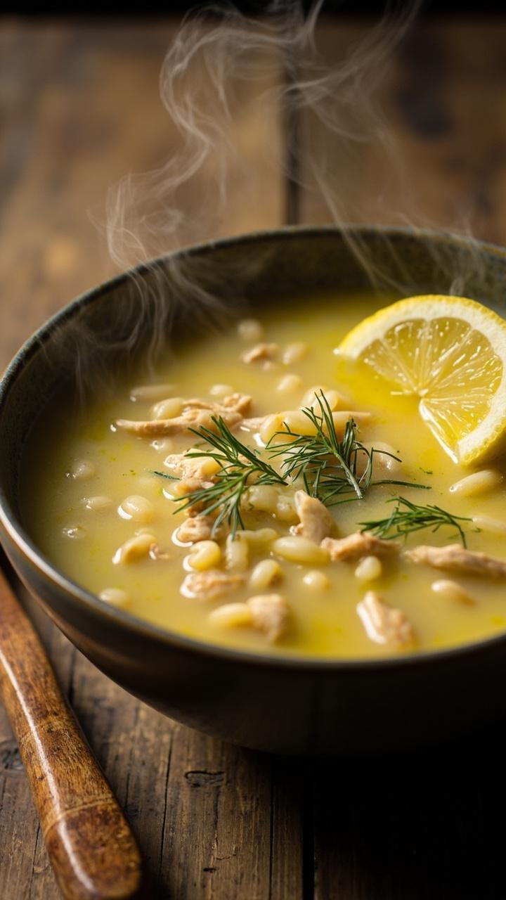 A deep bowl showing creamy pale yellow broth with tiny orzo grains floating Smooth surface with a few slivers of cooked chicken and a sprinkle of chopped dill A lemon wedge on the rim A wooden spoon placed on a rustic table