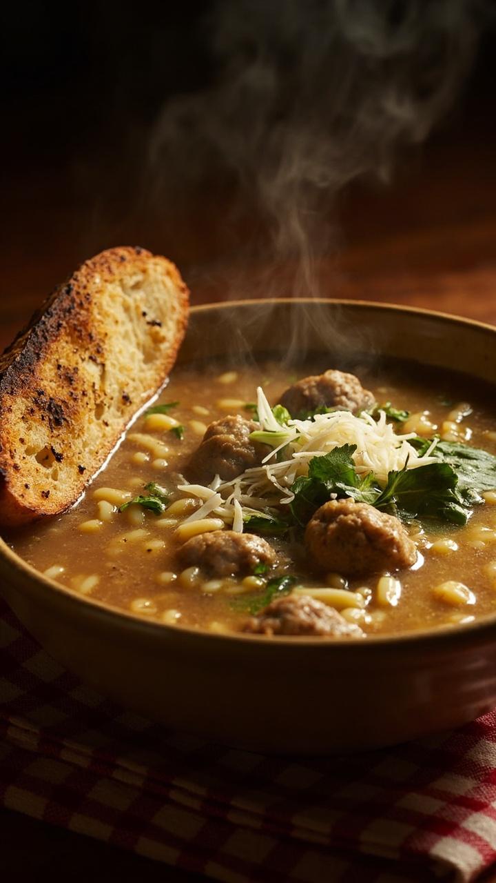 A shallow bowl with clear broth dotted with small meatballs and orzo Sprigs of fresh parsley and grated parmesan on top A slice of toasted garlic bread beside the bowl A checked napkin under the bowl