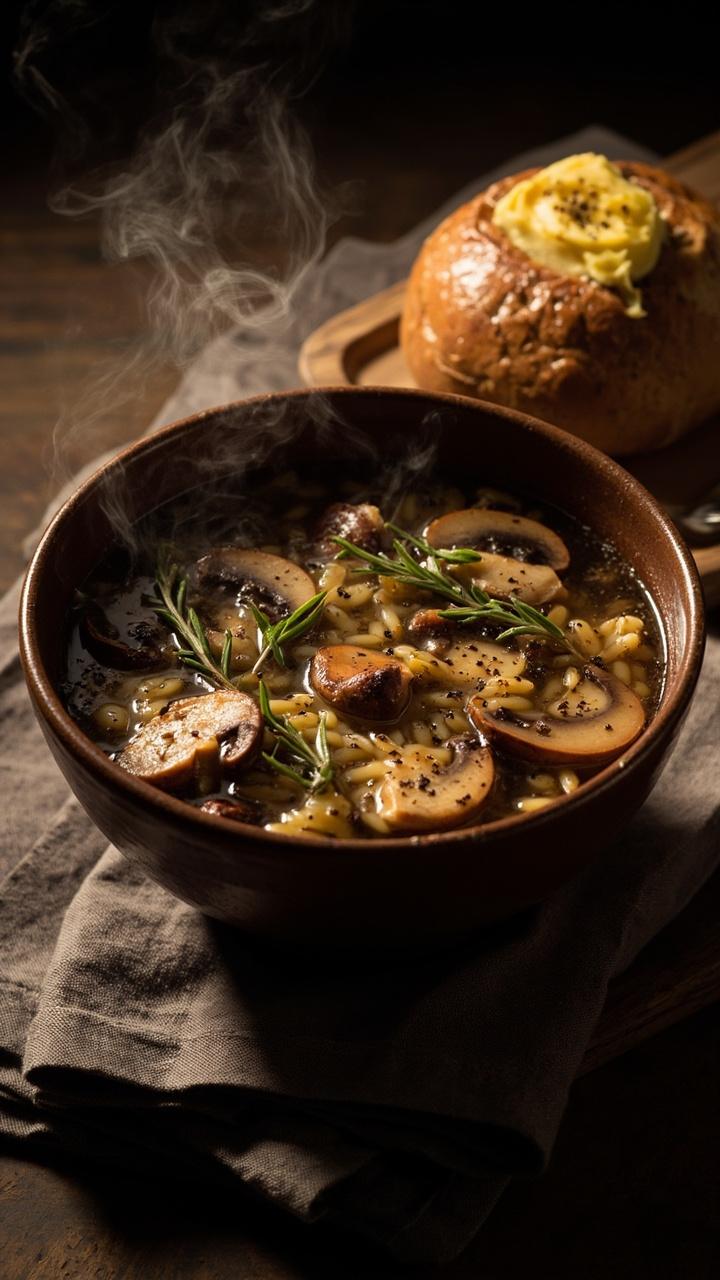 A rustic brown bowl of dark clear mushroom broth with sliced browned mushrooms and orzo Floating thyme sprigs and a dusting of cracked black pepper A small wooden board with a buttered whole grain roll A soft gray napkin beneath the bowl