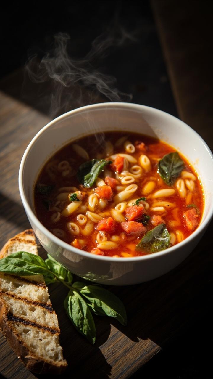 A white bowl of warm red tomato broth with visible orzo and torn fresh basil leaves Floating small pieces of diced tomato and a drizzle of olive oil A slice of toasted ciabatta with grill marks on a wooden board A sprig of basil beside the bowl