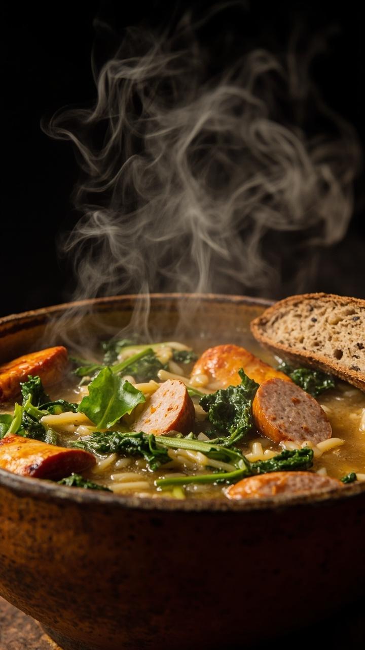 A deep bowl filled with rustic broth containing sliced browned sausage pieces orzo and ribboned kale Bright green kale and orange flecks from the sausage Visible steam rising from the bowl A slice of dense whole grain bread leaning against the rim