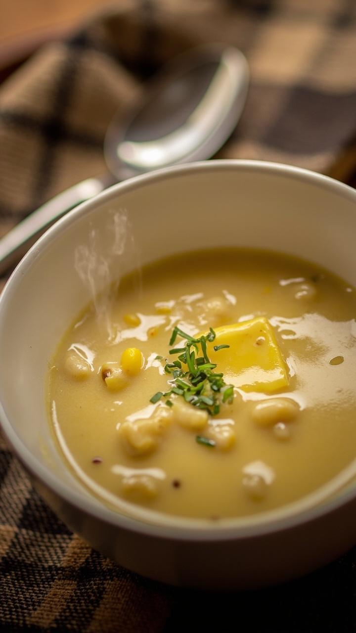 A shallow white bowl of creamy pale yellow chowder with visible corn kernels and orzo A sprinkle of chopped chives on top A small pat of butter melting in the center A checked napkin and a spoon to the side