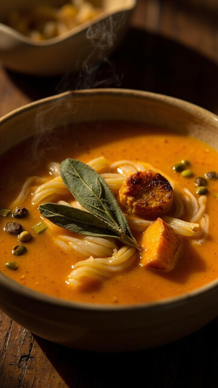 A warm beige bowl with creamy orange butternut squash broth and plump orzo A few toasted squash cubes and a sage leaf garnish A drizzle of olive oil and a scattering of toasted pepitas A dark wooden table surface beneath the bowl