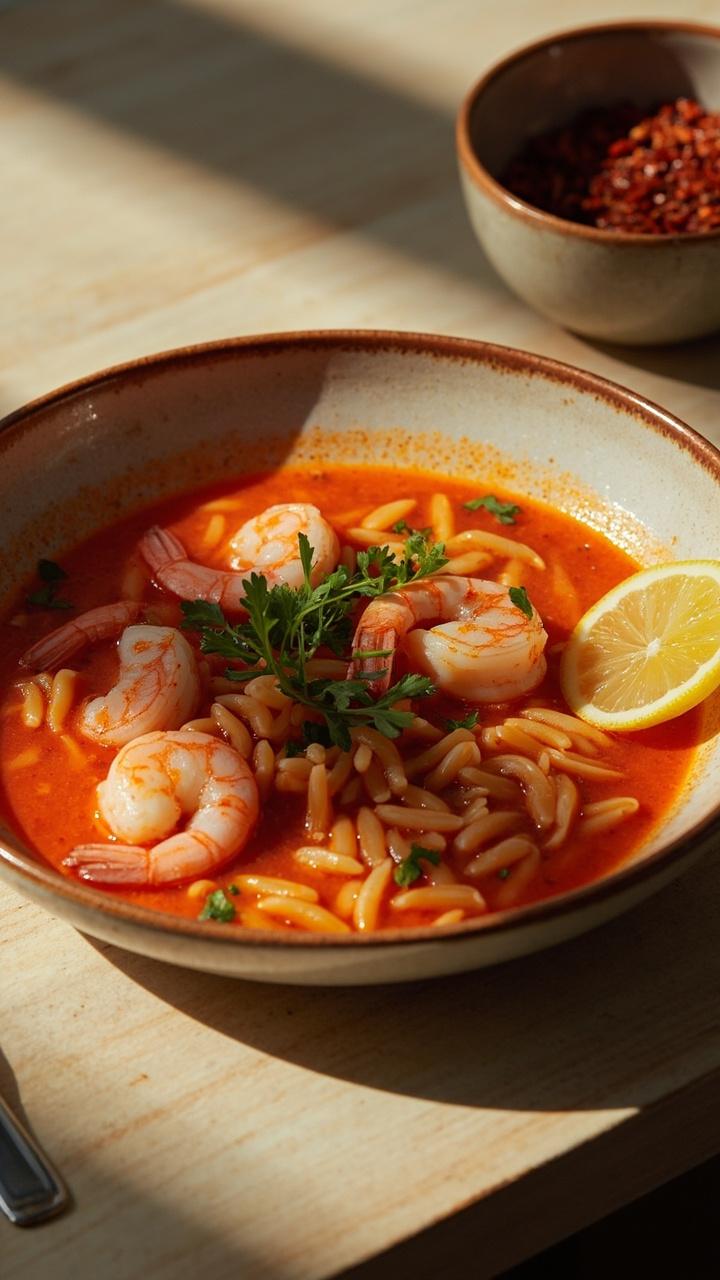 A shallow bowl of light red tomato broth with pink shrimp curled on top and orzo visible Beneath a scattering of chopped parsley and thin lemon slices on the rim A small ramekin of chili flakes nearby A light colored wooden table surface