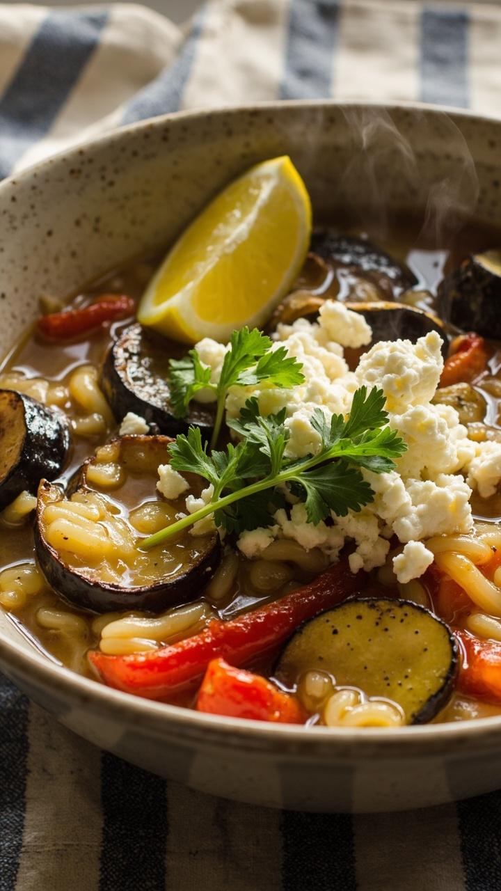 A shallow bowl with a clear broth filled with golden orzo chunks of zucchini eggplant red bell pepper and a sprinkle of crumbled feta Bright chopped parsley on top A lemon wedge on the side A striped cloth napkin beneath the bowl