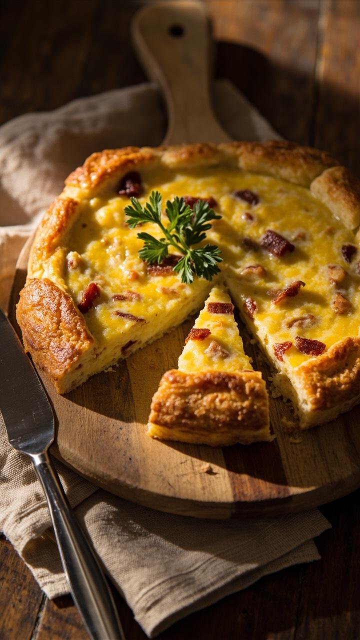 A golden 9 inch quiche on a wooden board, one slice removed to show a creamy yellow center, small crisp bacon pieces visible, a sprig of parsley on top, a linen napkin and a fork beside the slice