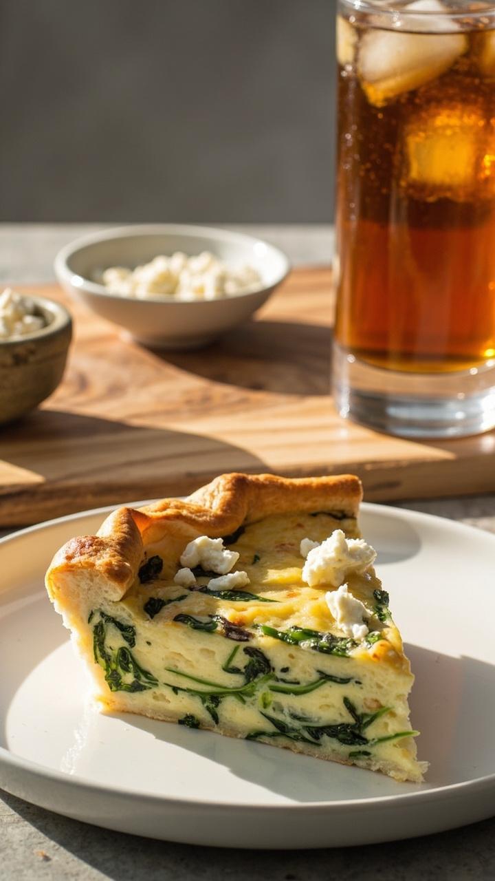 A wedge of quiche on a white plate, pale green spinach and white feta crumbles visible in the custard, a small bowl of extra crumbled feta in the background, an olive wood board and a glass of iced tea to the side