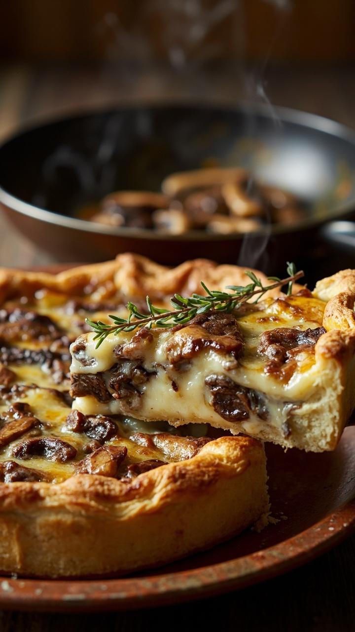 A whole quiche on a ceramic pie plate, a slice lifted to reveal sliced browned mushrooms interspersed with melted Gruyere, sauté pan with mushrooms in the background, a sprig of thyme on top