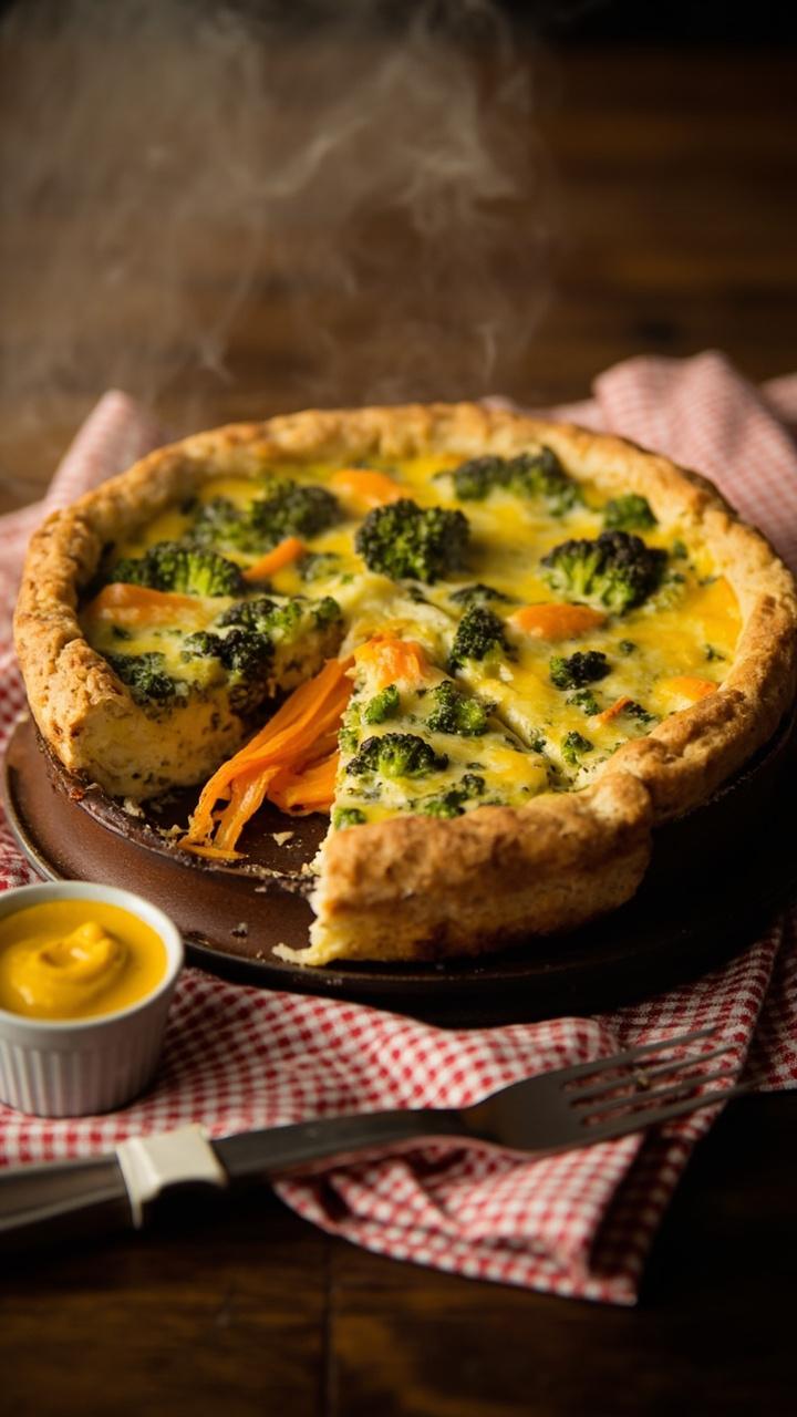 A round crustless quiche on a simple baking dish, a slice removed showing bright green broccoli florets and melted orange cheddar, a small ramekin of mustard on the side, a fork on a checked napkin