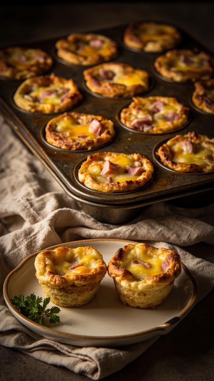 A dozen golden mini quiche muffins in a metal muffin tin, two muffins plated on a small dish with a sprig of parsley, diced ham and melted cheese visible on top, a tea towel folded under the tin