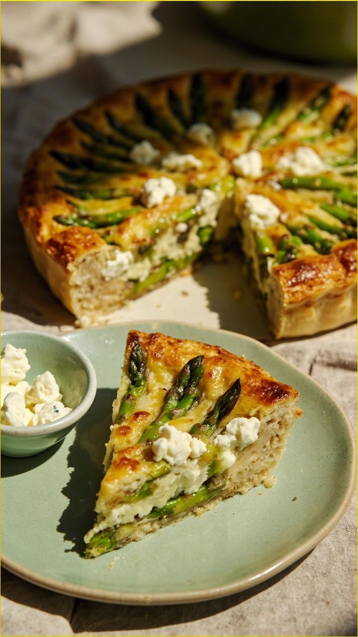 A quiche with asparagus tips arranged across the top, creamy white goat cheese crumbles visible in the filling, a slice on a pale green plate, a small bowl of extra goat cheese beside it