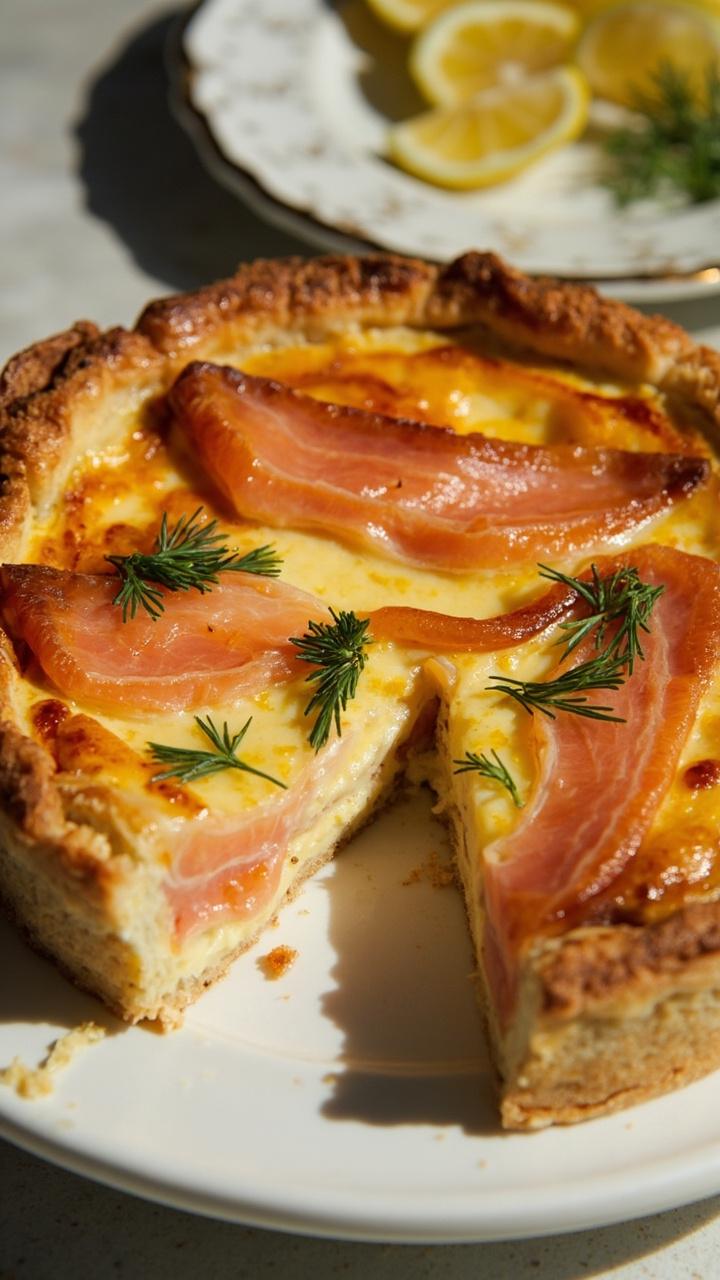 A quiche with ribbons of smoked salmon visible in the slice, flecks of green dill on top, thin lemon wedges on a small plate nearby, a porcelain serving platter beneath