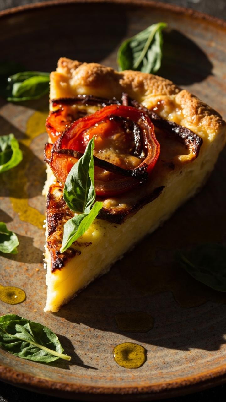 A slice of quiche on a rustic plate, roast tomato halves visible on top, fresh basil leaves scattered nearby, a drizzle of olive oil on the plate