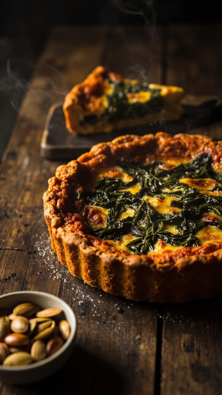 A quiche with a slightly textured orange sweet potato crust, dark green kale visible in the slice, a small bowl of toasted pumpkin seeds beside it, a wooden table surface