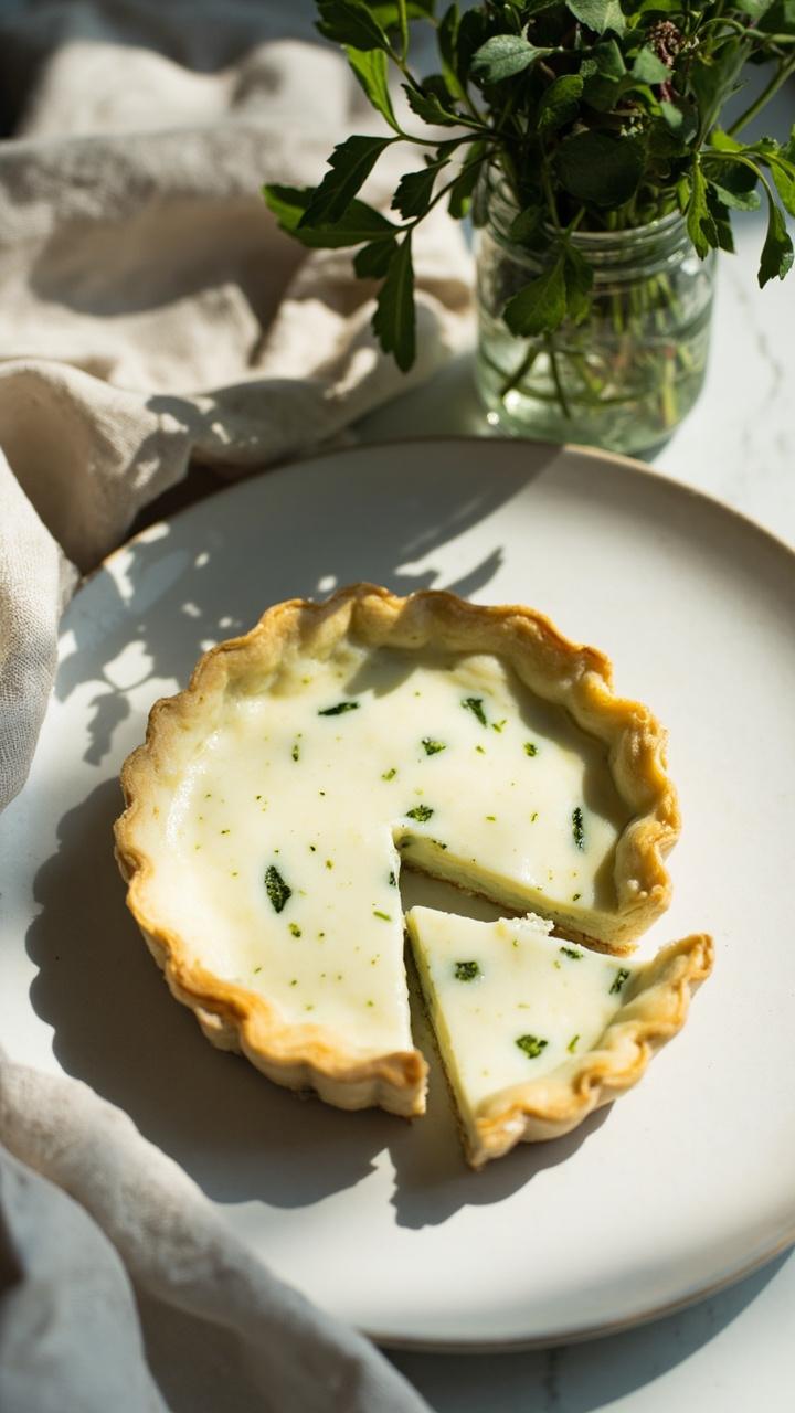 A shallow tart with a pale creamy center dotted with green herb flecks, a thin slice on a porcelain plate, a small jar of mixed fresh herbs and a linen napkin nearby