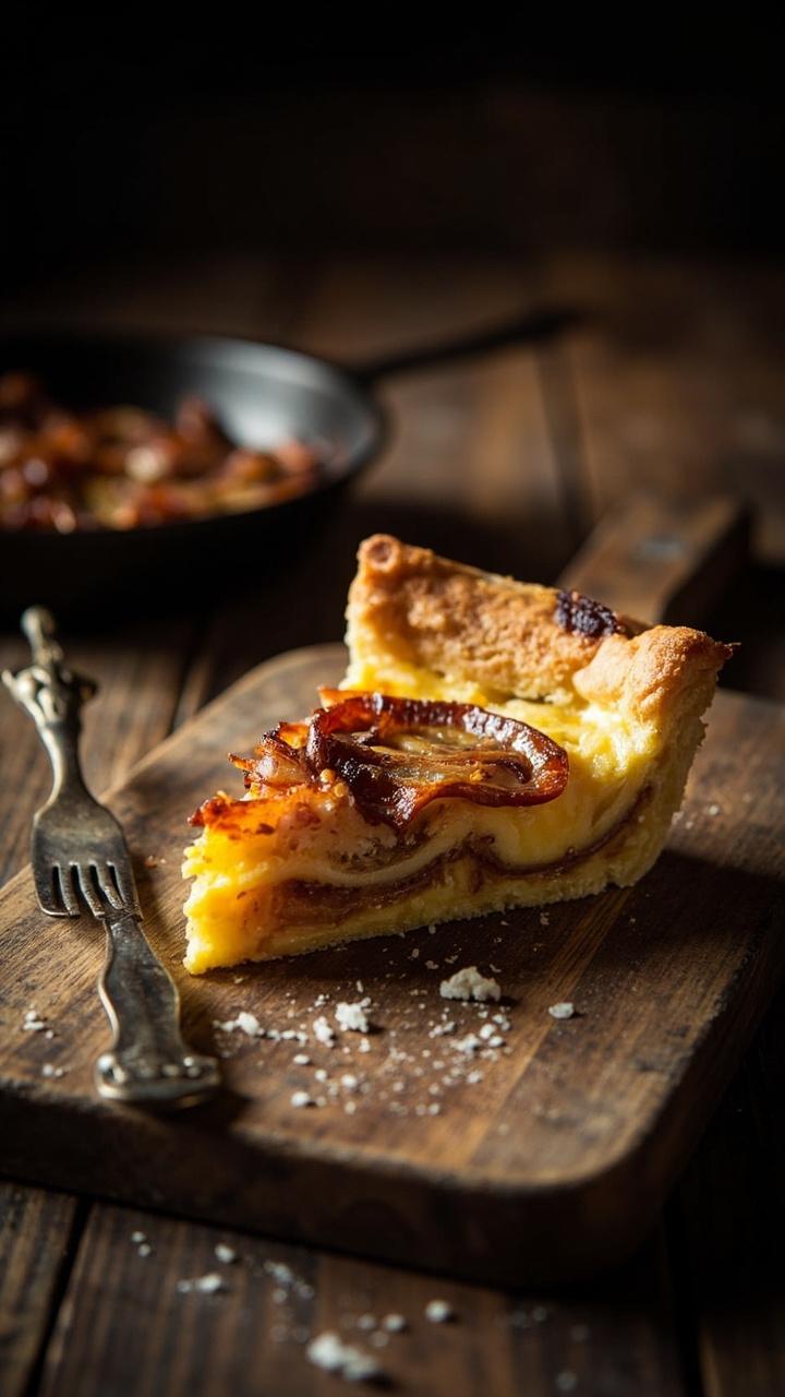 A slice of quiche showing thin ribbons of golden caramelized onion and bits of bacon, a small skillet with leftover onions in the background, a rustic fork and cutting board beneath