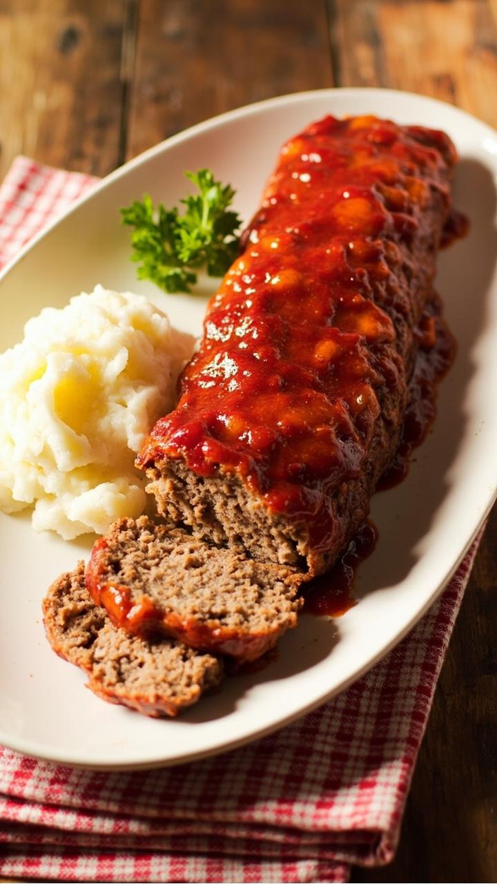 A loaf-shaped meatloaf on a white oval platter glazed with shiny tomato glaze sliced to show a tender interior a scoop of creamy mashed potatoes to the side a sprig of parsley for color a checkered cloth napkin under the platter