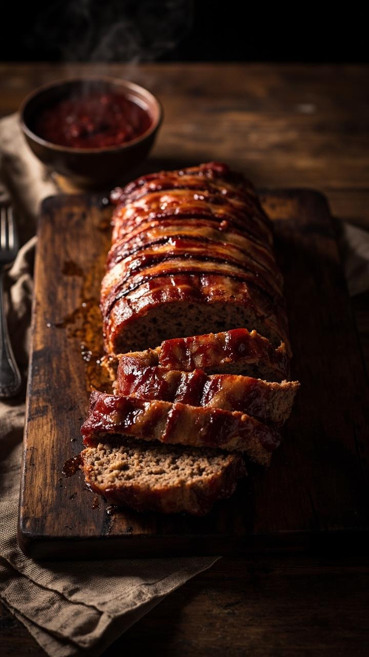 Bacon wrapped meatloaf on a wooden cutting board showing the crisp browned bacon top a few slices fanned beside the loaf a small bowl of extra glaze a linen napkin with a fork visible