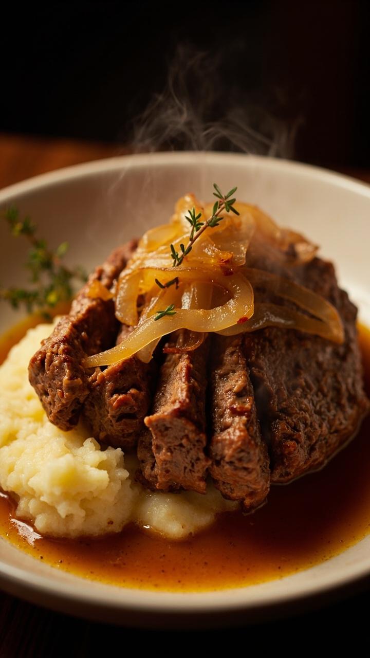 Sliced meatloaf on a shallow white serving bowl topped with glossy caramelized onions amber pan sauce pooled around the base a scoop of buttery mashed potatoes at the edge a sprig of thyme for garnish