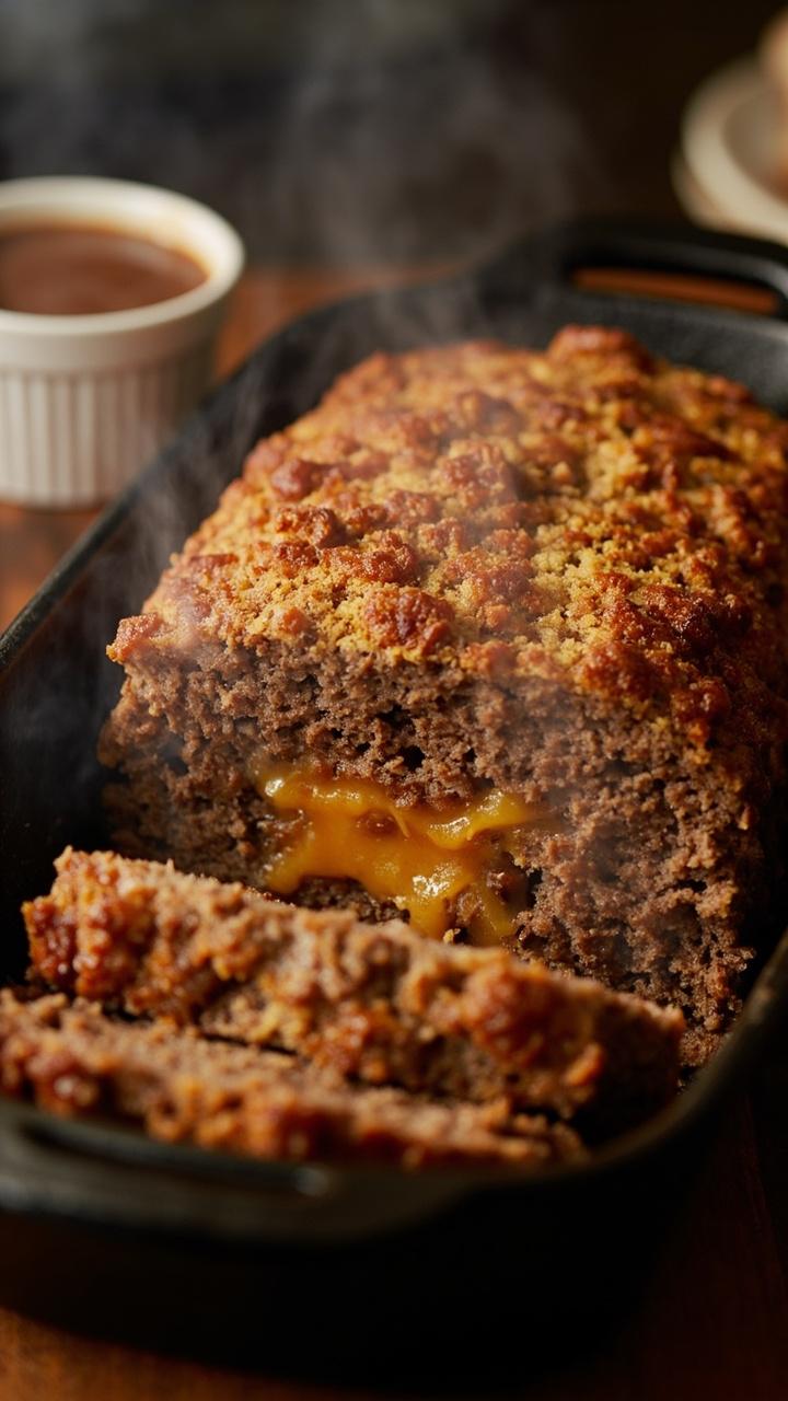 A golden crusted meatloaf with melted cheddar visible in a sliced piece cornbread crumbs on top a small ramekin of warm gravy to the side a rustic cast iron skillet underneath