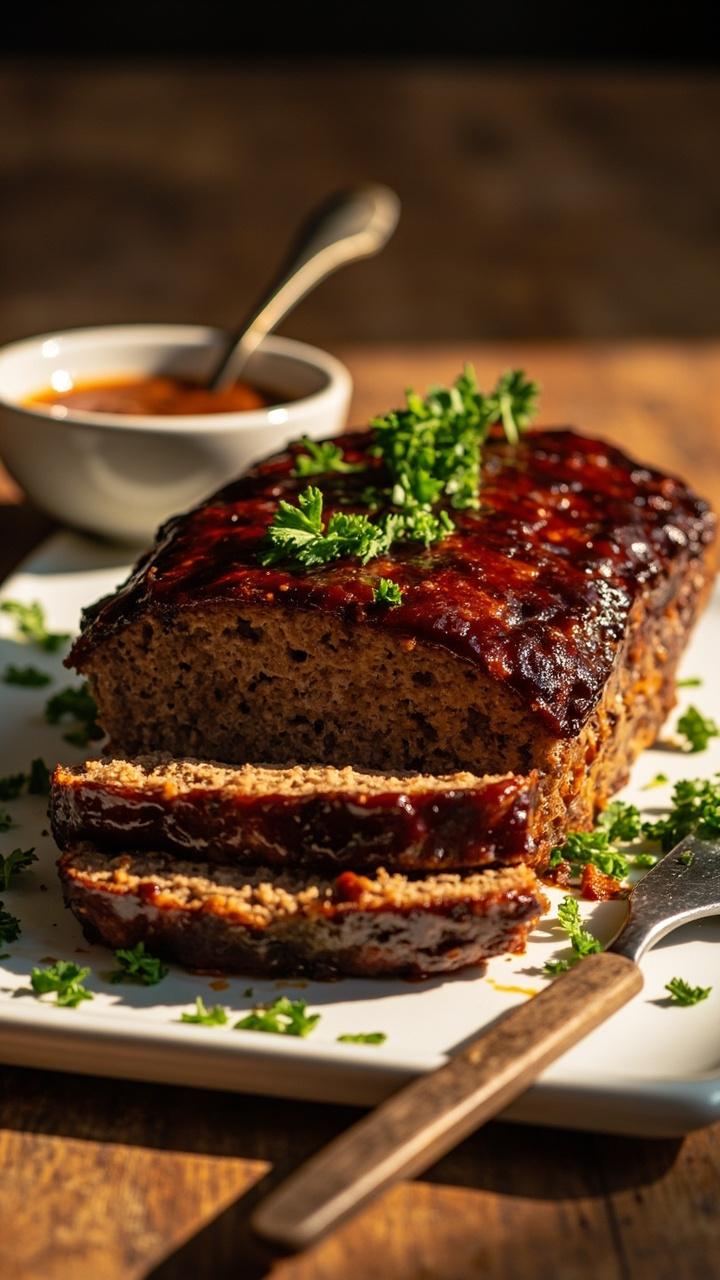 Meatloaf glazed with shiny dark barbecue glaze on a square white platter a spoonful of extra glaze in a small bowl beside it a scattering of coarse chopped parsley and a wooden serving fork