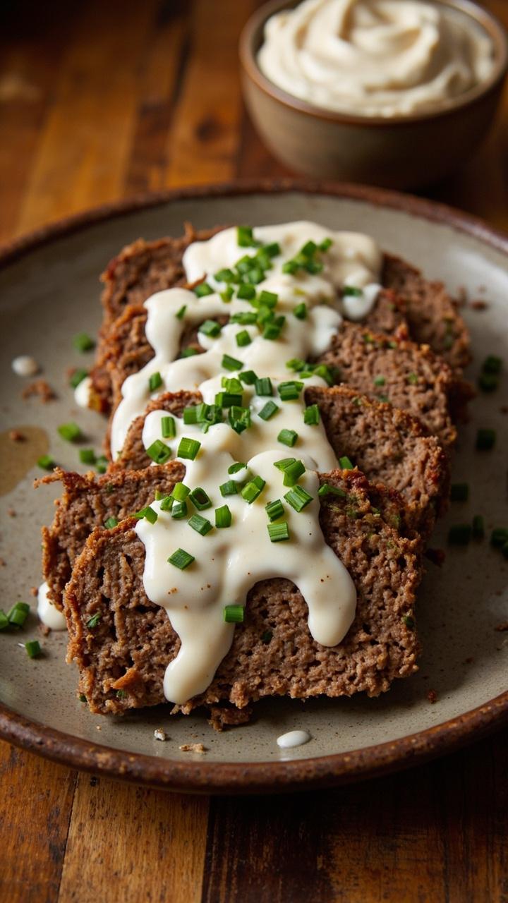 Sliced meatloaf with a pale ranch-style drizzle over each slice on a round ceramic plate a small bowl of extra buttermilk ranch beside the plate a handful of chopped chives sprinkled on top a wooden table surface underneath