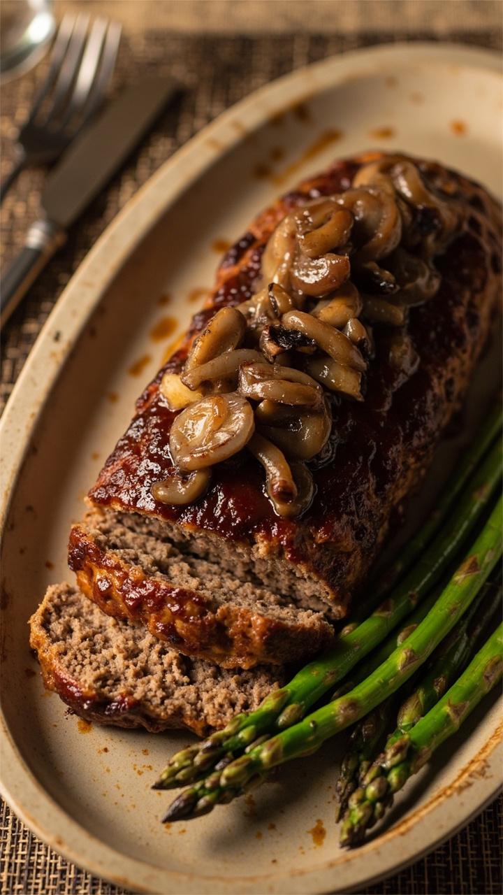 Meatloaf with visible mushroom pieces on the surface and inside on a beige oval platter sautéed mushroom and onion mixture spooned on top a small pile of roasted asparagus spears at the edge a linen placemat beneath the platter